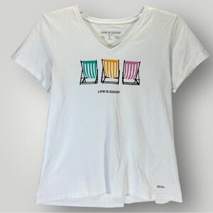 Womens Life is Good Beach Chairs Print Crusher Tee V Neck Size Large